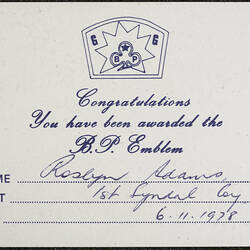 Digital Photograph - Reverse of Girl Guide's Baden Powell Emblem Certificate, 1978