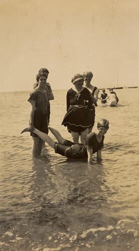 Digital Photograph - Five Women with Bathing Caps Playing in Water,  Queenscliff, 1923