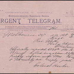 Telegram - From Colonel Hawker to Reverand White, Urgent, 21 Sep 1917