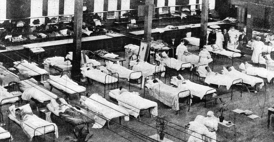 Hospital Beds in Great Hall During Influenza Pandemic, Exhibition Building, Melbourne, Feb 1919