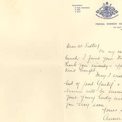 Letter - Federal Members' Rooms to Robert Salter, 22 Dec, 1938