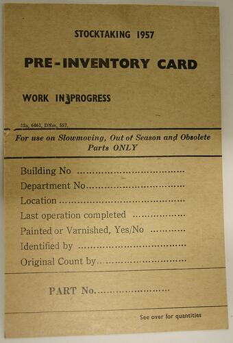 Card - H.V. McKay, Stocktaking Pre-inventory Card, 1957