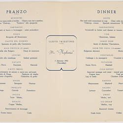 Menu - Lloyd Triestino Line, MN Neptunia, Dinner, 3 Jan 1952.