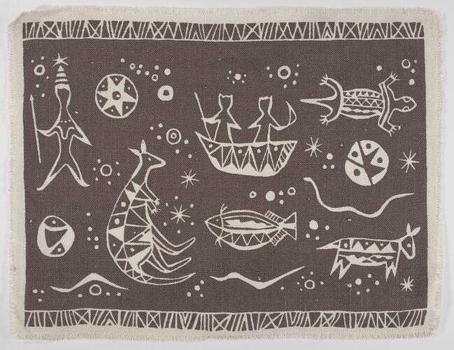 Place Mat - Human Figures & Animals, Brown on White, circa 1950s