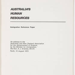 Booklet - Australia's Human Resources, 1973