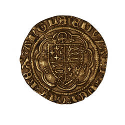 Coin, round, a shield quartered with the English and French arms, above, an annulet containing a cross.