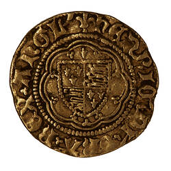 Coin, round, shield quartered with the arms of England and France; text around.