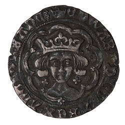 Coin, round, crowned bust of the King facing within a tressure of nine arches; text around.