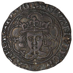 Coin, round, crowned bust of the King facing within a tressure of nine arches; text around.