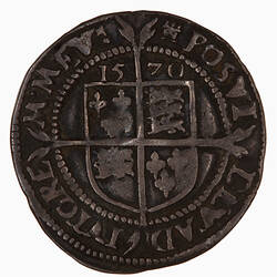 Coin, round, at centre within a beaded circle and over long cross fourchee, a quartered shield.