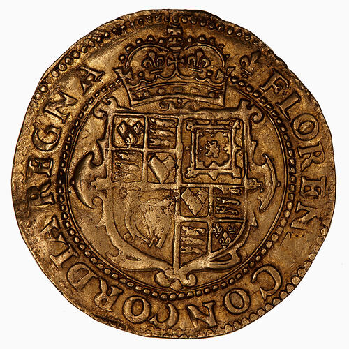 Coin, round, at centre crowned shield quartered with the arms of England, France, Scotland and Ireland.