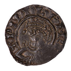 Coin, round, A crowned and diademed bust of the King facing; to right, a sceptre; text around, + PILILEM REX.