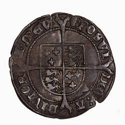 Coin, round, Royal shield, quartered with the arms of England and France on a cross fourchee; text around.