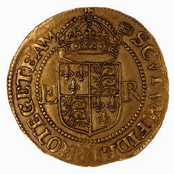 Coin, round, Within a bead circle a plain square top shield quartered with the arms of France and England.