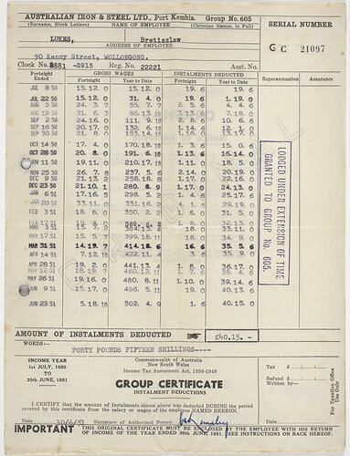 Group Certificate - Bretislav Lukes, 1950-51 [Australian Iron and Steel Ltd, Port Kembla]
