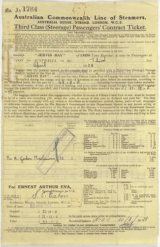 Passenger Contract Ticket - Jervis Bay, Third Class, 1928