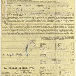 Passenger Contract Ticket - Jervis Bay, Third Class, 3 Apr 1928