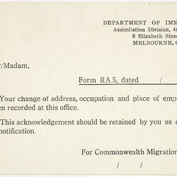 Card - Change of Address Acknowledgement, Department of Immigration Assimilation Division, circa 1950s