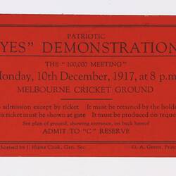 Ticket - Pro Conscription Demonstration, Melbourne Cricket Ground, 10 Dec 1917