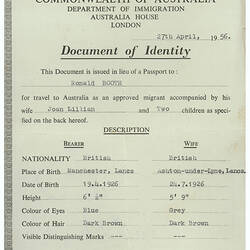 Document of Identity - Ronald and Joan Booth, 1956