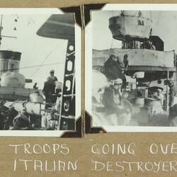 Two photographs, soldiers on the deck of a military battleship, ocean in the background.