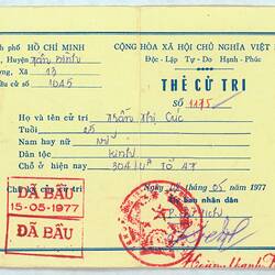 Electoral Card - Issued to Tran Thi Cuc, Vietnam, 15 May 1977