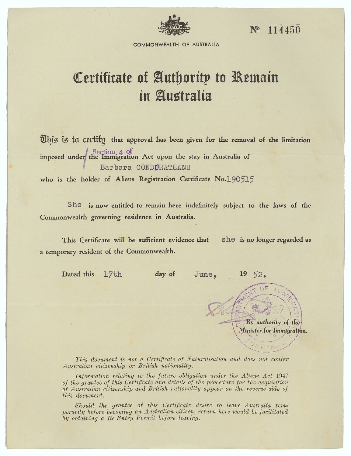 Certificate Authority to Remain in Australia Issued to Barbara