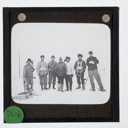 Lantern Slide - Discovery II Party & Ellsworth at 'Little America', Ellsworth Relief Expedition, Antarctica, 16 Jan 1936