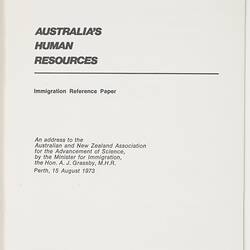 Booklet - A. J. Grassby, 'Australia's Human Resources', 1973