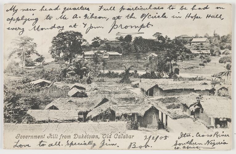 Postcard - Government Hill from Duketown, Old Calabar, To J. B. Scott  from Bob, Old Calabar, 2 Feb 1903