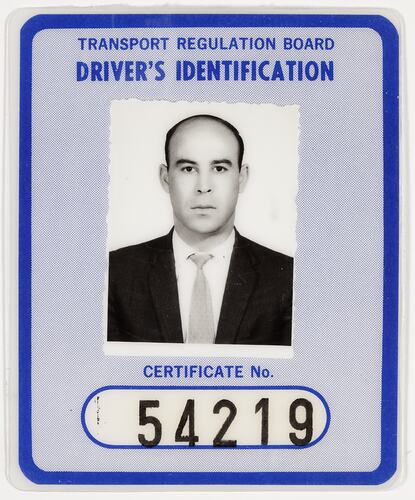 Driver's Identification - Taxi, Driver, Issued to Michael Attardi, Transport Regulation Board, circa 1964