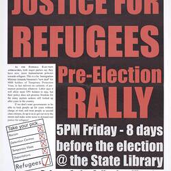 Poster - Justice for Refugees Pre-Election Rally, Refugee Action Collective, 2004