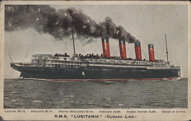 Postcard with image of R.M.S 'Lusitania' ship.