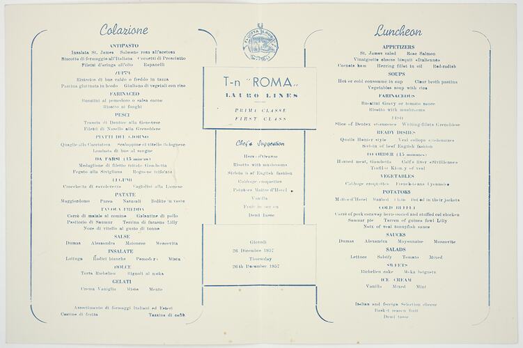 Menu - TN Roma, Flotta Lauro Line, Lunch, 26 Dec 1957