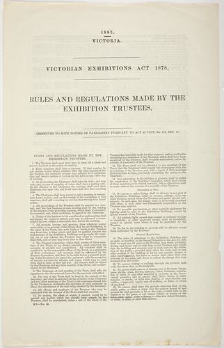 Document - Rules & Regulations, Exhibition Trustees, Victoria, 1883