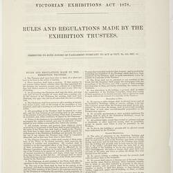 Document - Rules & Regulations, Exhibition Trustees, Victoria, 1883