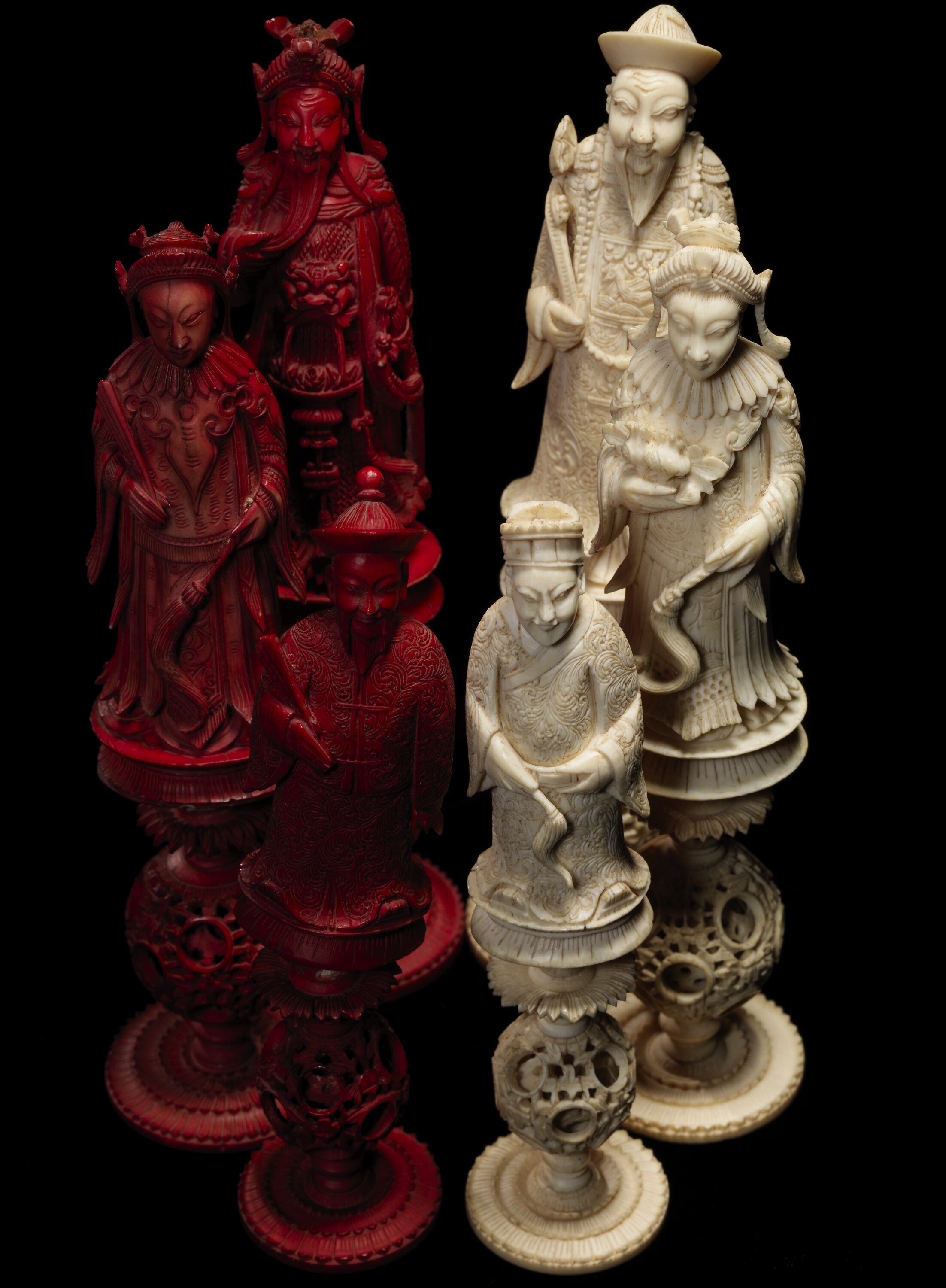 Stained and White Ivory Puzzle-Ball Chess Set China Early 20th Century CE
