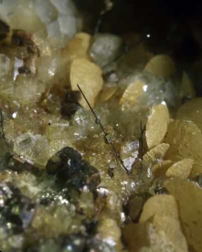 Platy orange-yellow minerals surrounded by clear blocky crystals.