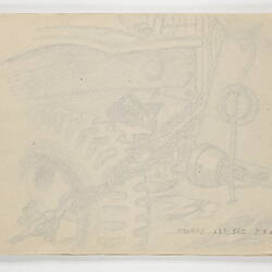 Open book page, with tracing paper above faint outlines of drawing below.