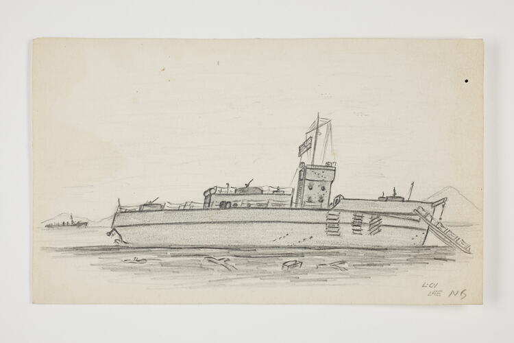 Drawing of a military boat on off-white paper.
