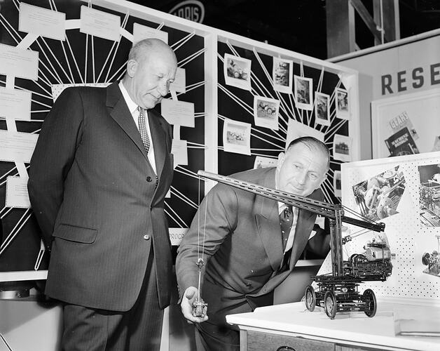 Steelweld Pty Ltd, Two Men with Model Earth Moving Equipment, West Footscray, Victoria, 1958
