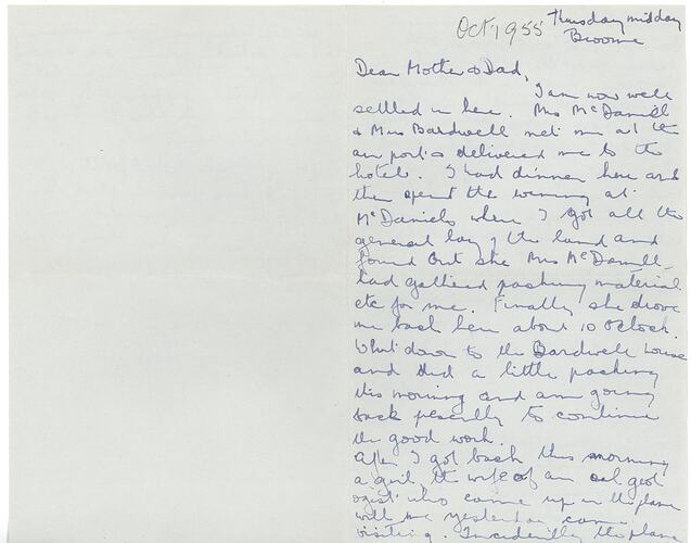 Letter - From Hope Macpherson to Parents while Packing Bardwell Collection in Broome, WA, Oct 1955