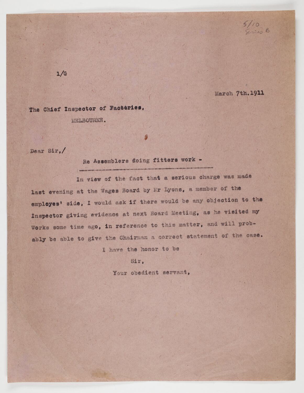 Copy Of Letter H V McKay To Chief Inspector Of Factories 7 Mar 1911