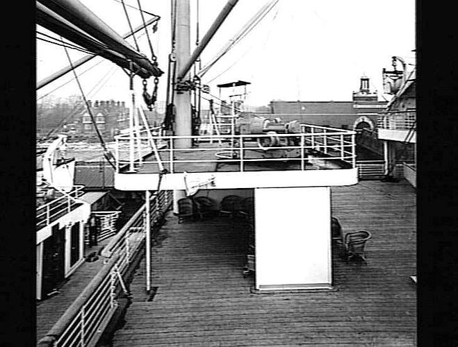Ship deck with raised winch platform.