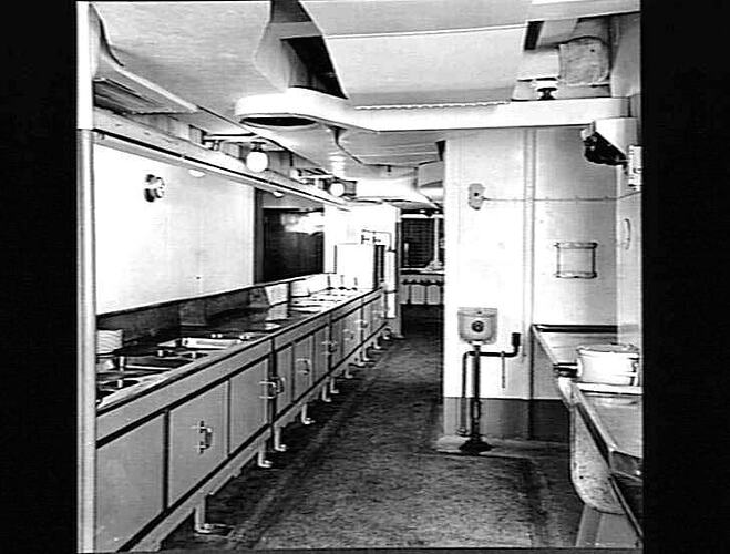Ship interior. Main kitchen galley. Hot presses.