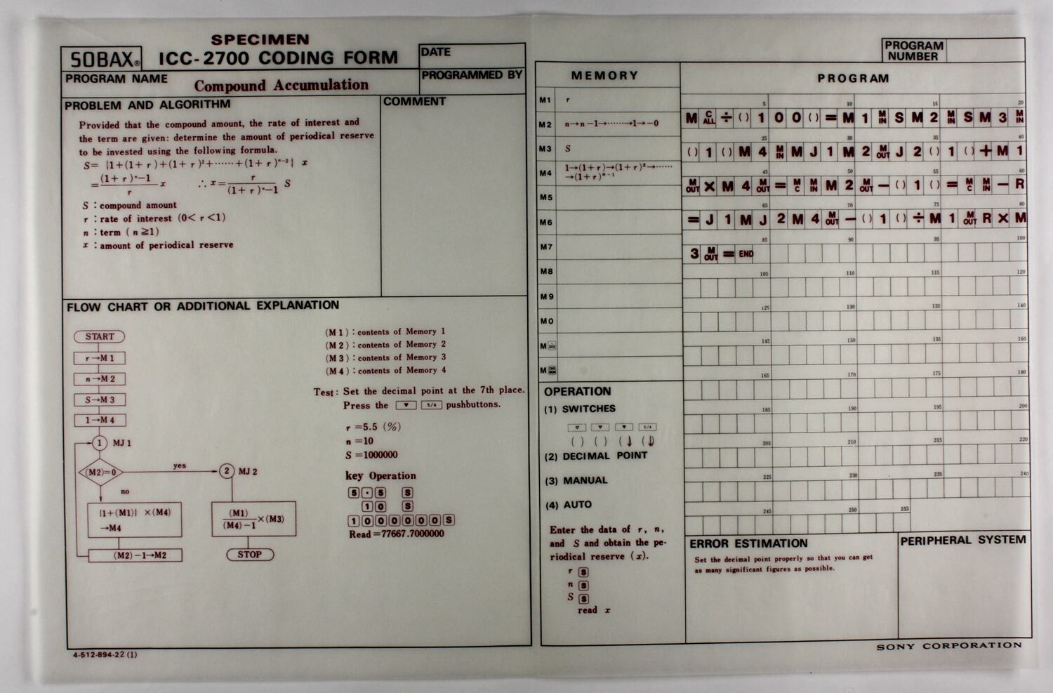 Coding Forms Old Coding Forms - Sony, Sobax ICC-2700E Microcomputer, circa 1970