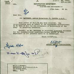 Letter - A. L. Gould, Repatriation Dept, to N. G. Straker, Regarding A. R. Davidson, 17 Jun 1954