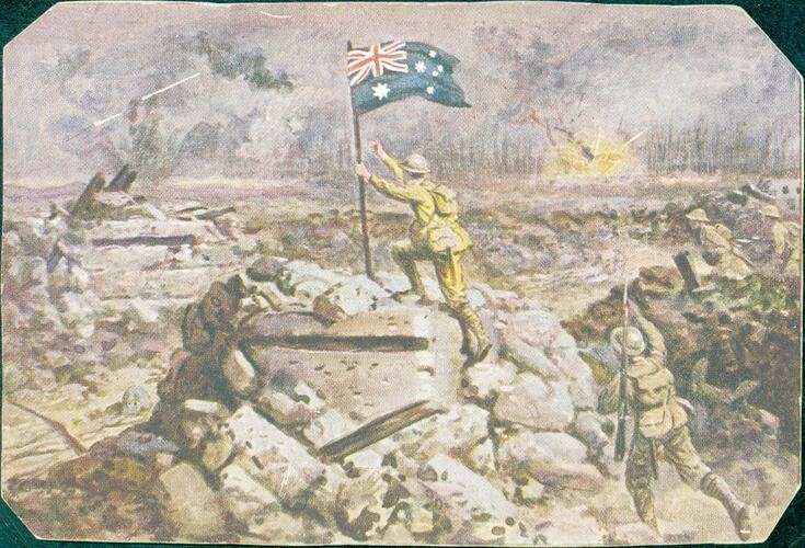 Illustration of man in uniform on mound holding Australian flag, other men in background.