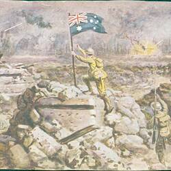 Illustration of man in uniform on mound holding Australian flag, other men in background.