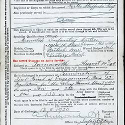 Certificate - Discharge, Private William James Latham, British Army, 13 Aug 1920